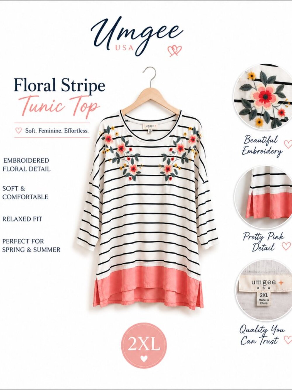 Umgee USA 2XL Floral Embroidered Striped Tunic Top | Pink Hem | Boutique Boho